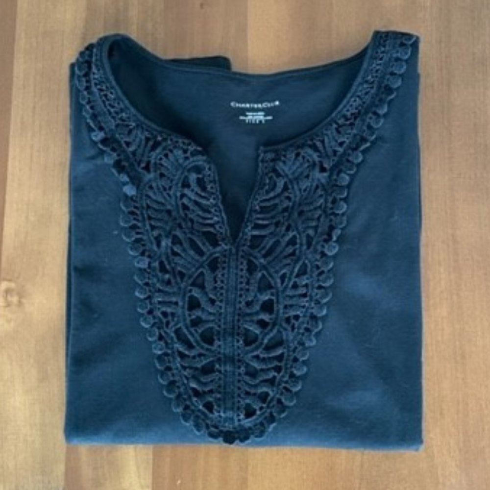 Charter Club Black Shirt with Front Lace Design and 3/4 Sleeves